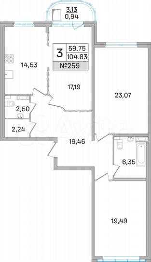 3-к. квартира, 104,8 м², 13/19 эт.
