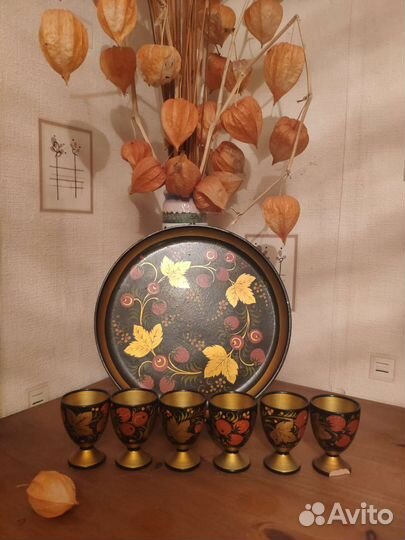 Рюмки деревянные с подносом+хлебница