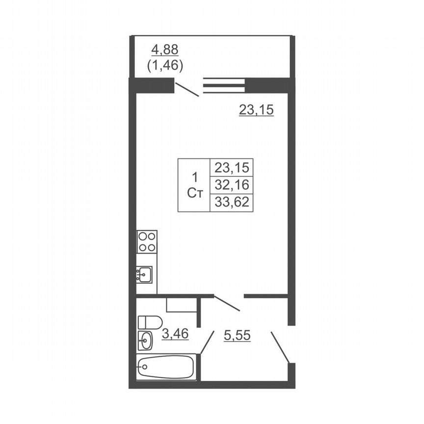 Квартира-студия, 33,6 м², 13/16 эт.