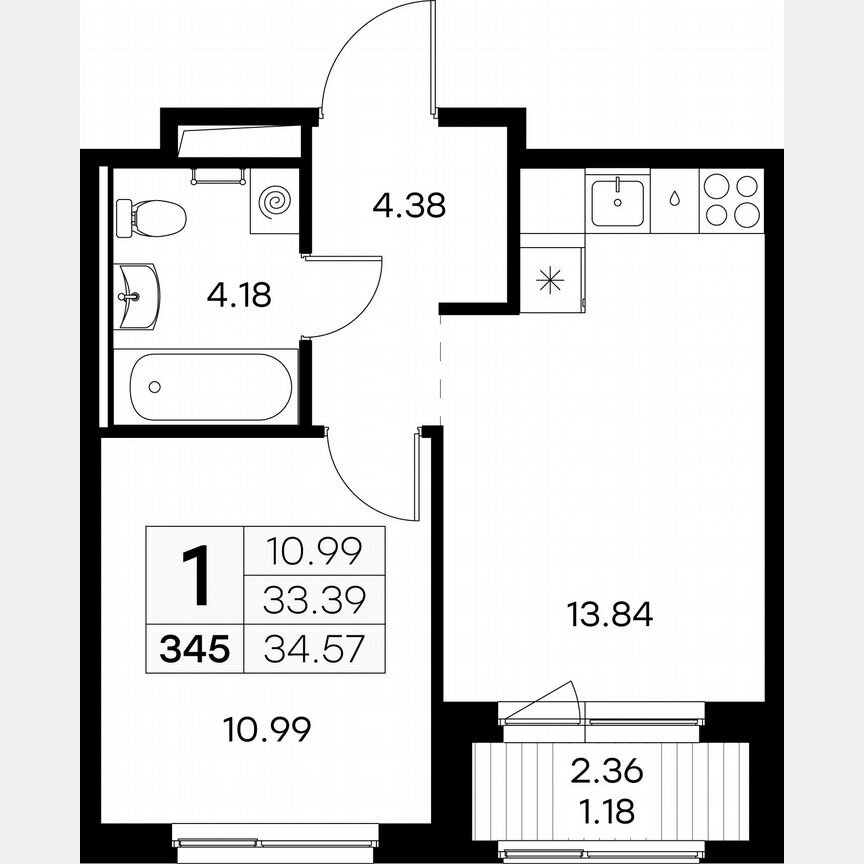 1-к. квартира, 34,6 м², 6/9 эт.