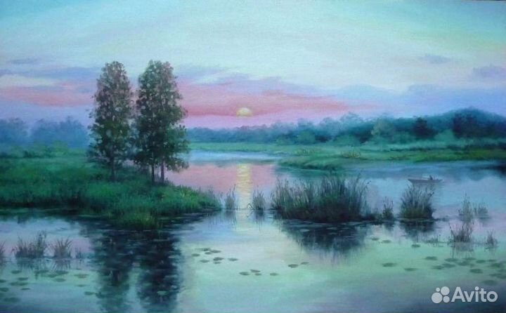 Картина, масло, озеро, рыбалка, подарок