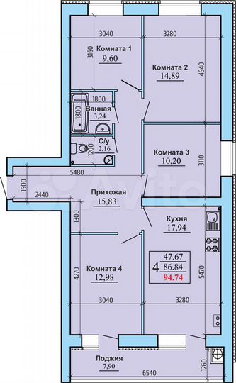 4-к. квартира, 94,7 м², 1/10 эт.