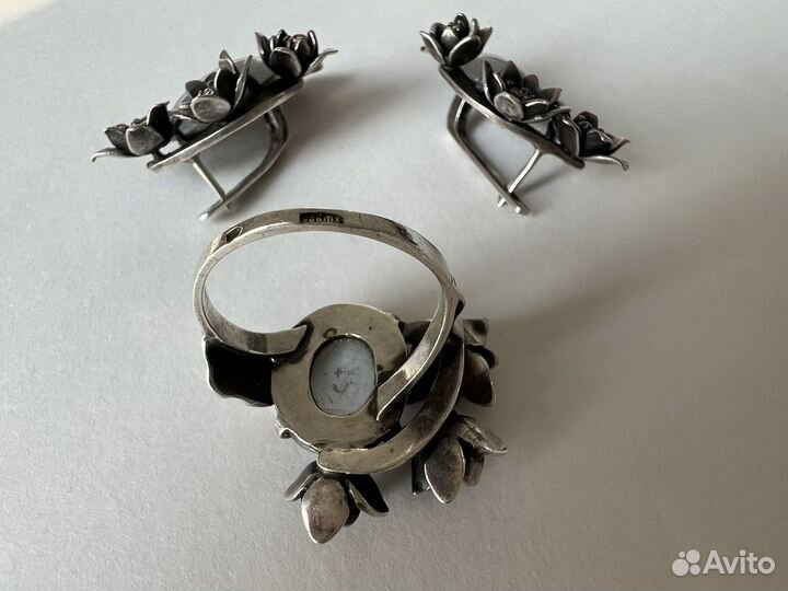 Серебряное кольцо серьги улексит кошайчий глаз