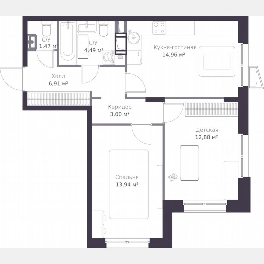 2-к. квартира, 57,7 м², 3/11 эт.