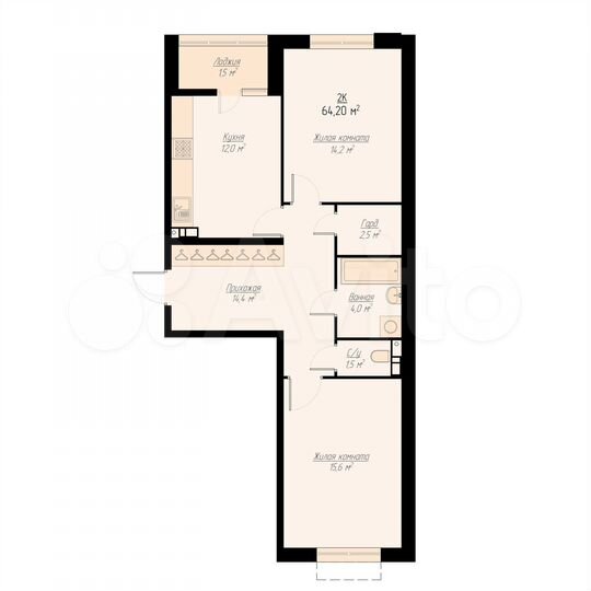 2-к. квартира, 64,2 м², 3/8 эт.