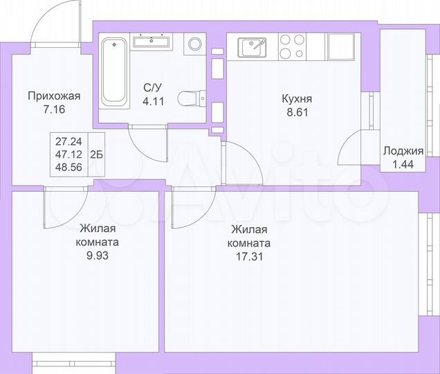 2-к. квартира, 48,6 м², 21/25 эт.
