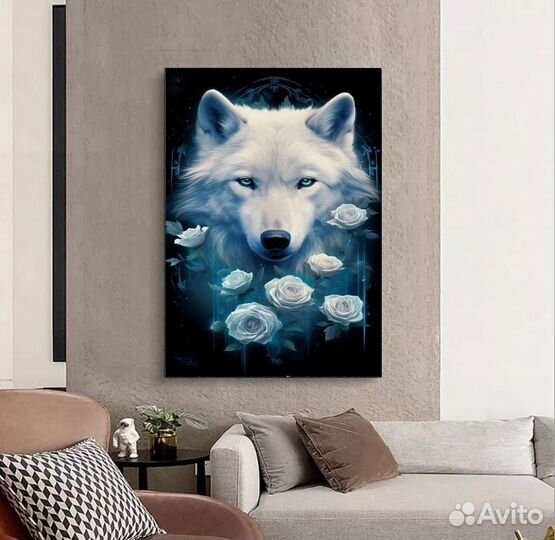 Картина маслом волк с розами Премиум холст
