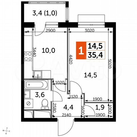 1-к. квартира, 35,4 м², 3/16 эт.