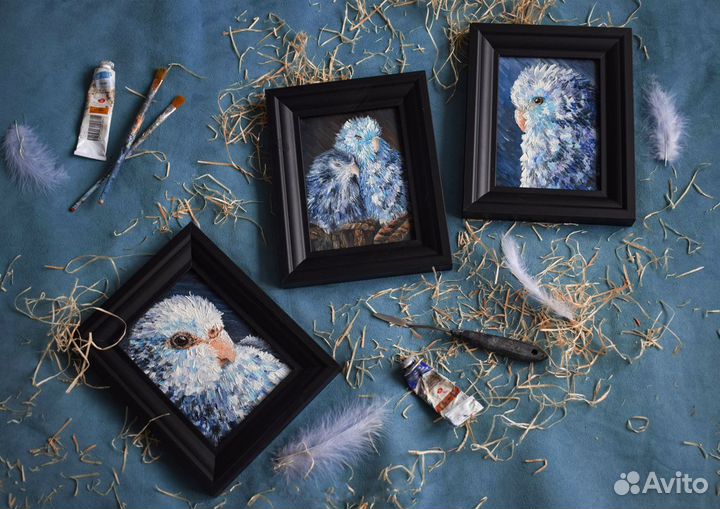 Картина маслом на холсте с птицами попугаем