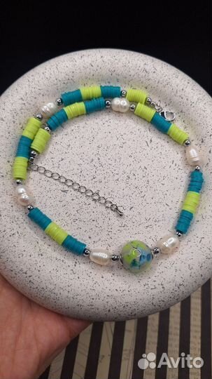 Чокер из каучука, жемчуга и муранского стекла