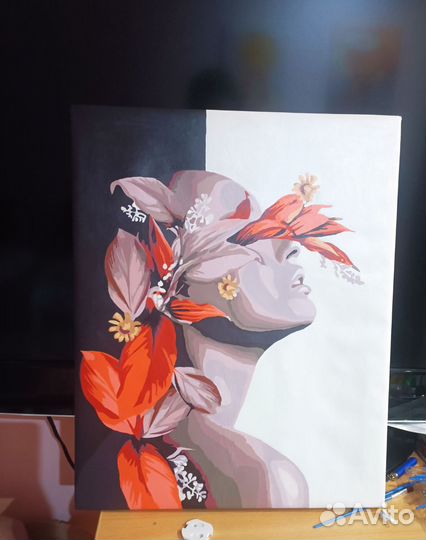 Картина на холсте: девушка, цветы, абстракция