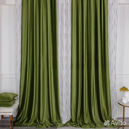 Шторы бархат Беллиссимо оливковый новые пошив