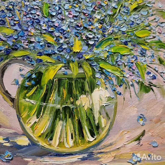Незабудки картина маслом миниатюра цветы натюрморт