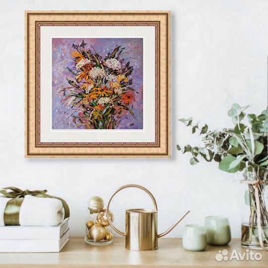 Картина маслом Полевые Цветы на сиреневом фоне