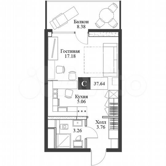 Апартаменты-студия, 37,6 м², 9/17 эт.