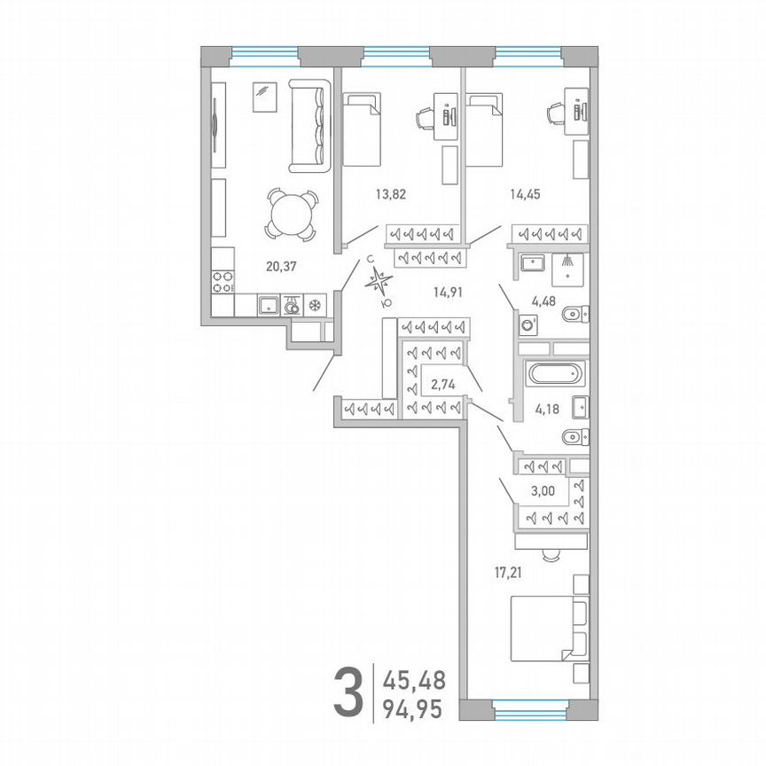 3-к. квартира, 95 м², 7/10 эт.