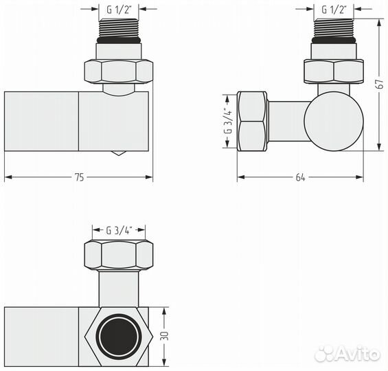Вентиль 3D правый (цилинПолотенцесушитель Сунержа др) G 1/2