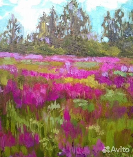 Картина летний пейзаж полевые цветы маслом 40*40см