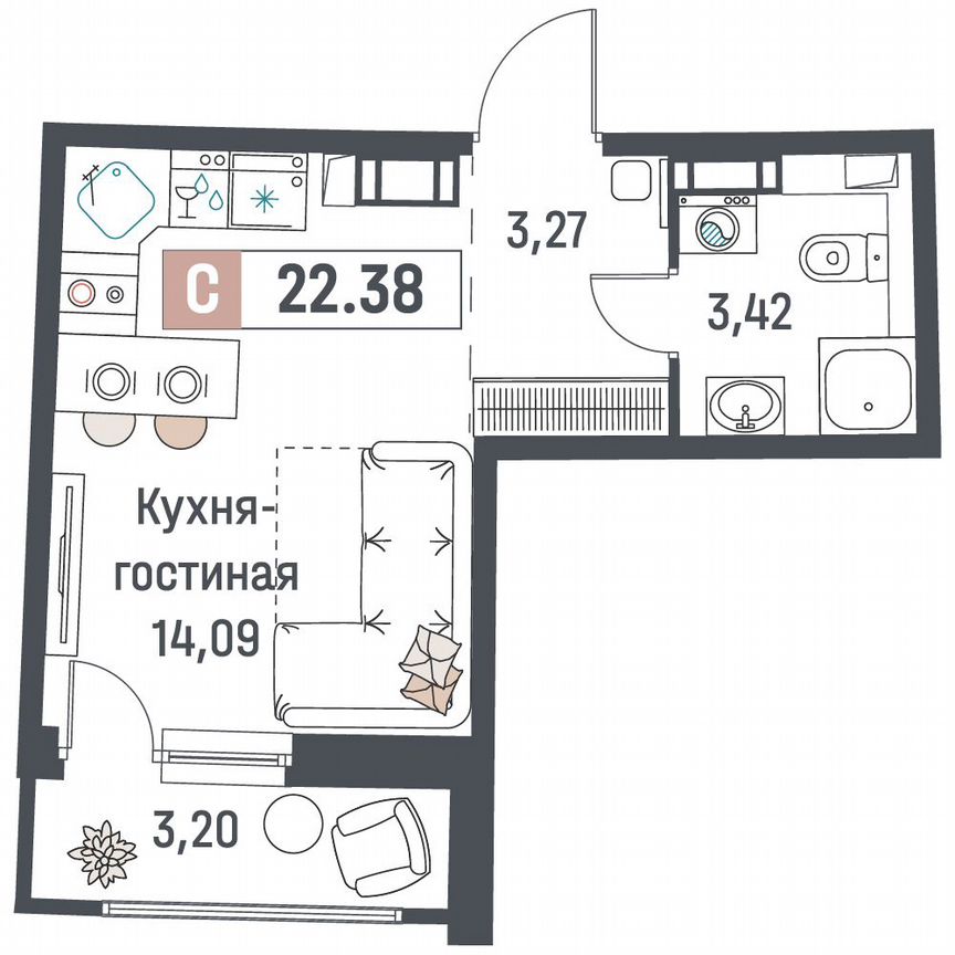 Квартира-студия, 22,4 м², 16/18 эт.