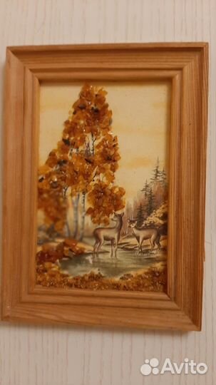 Картина из янтаря в деревянной раме, винтаж