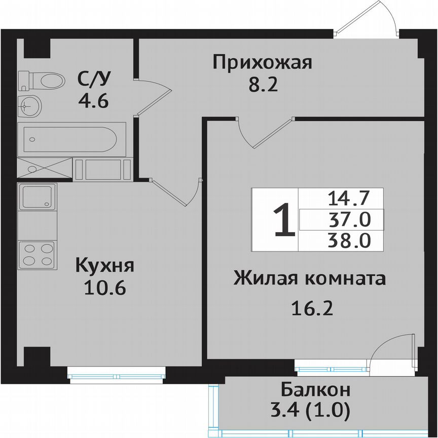 1-к. квартира, 40 м², 1/10 эт.
