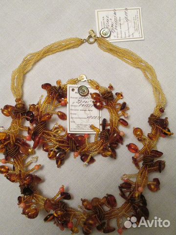 Колье+ браслет янтарь, родонит