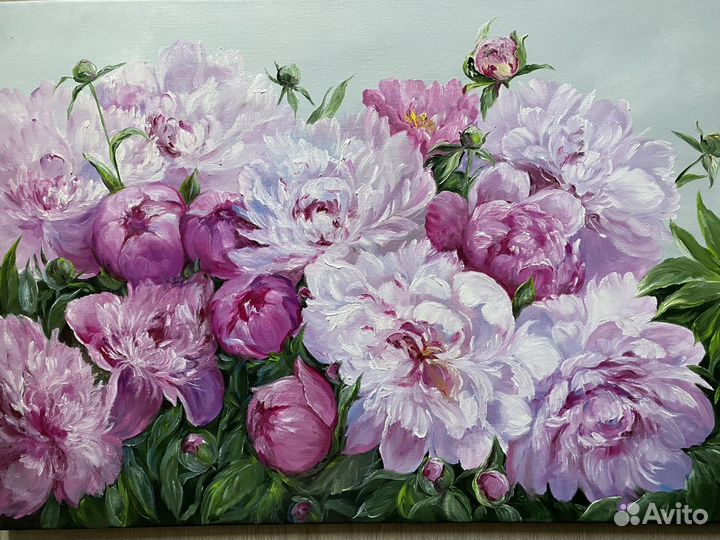 Картина маслом. Куст пионов