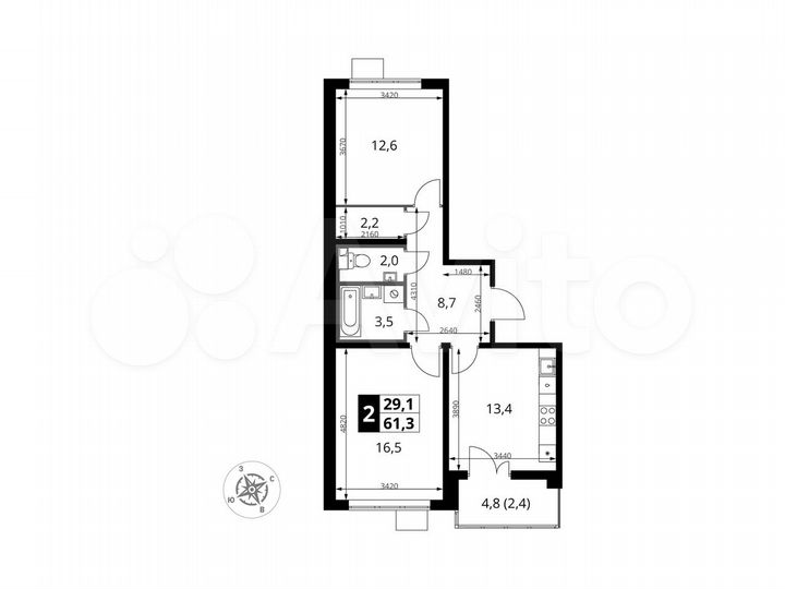 2-к. квартира, 61,3 м², 21/25 эт.