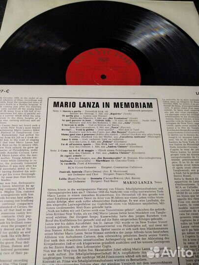 Mario Lanza Марио Ланца In Memoriam винил опера