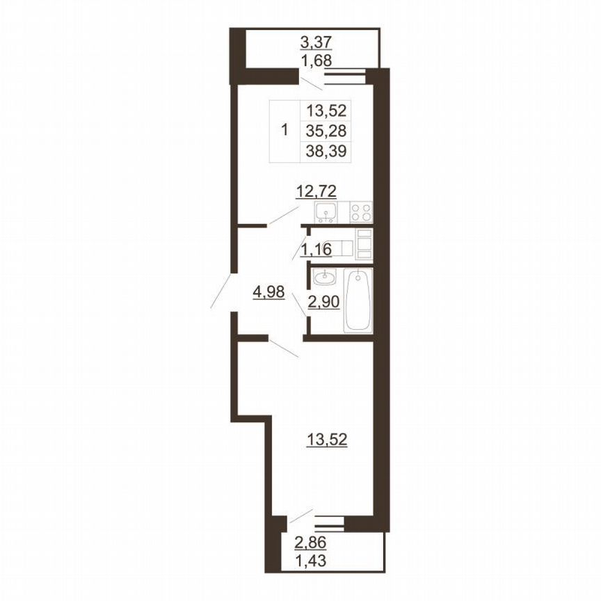 1-к. квартира, 38,4 м², 3/6 эт.