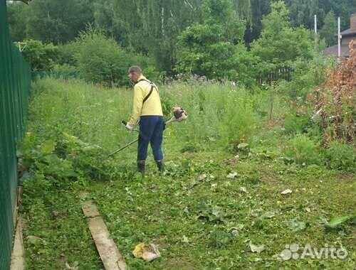 Покос травы триммером, вспашка участка
