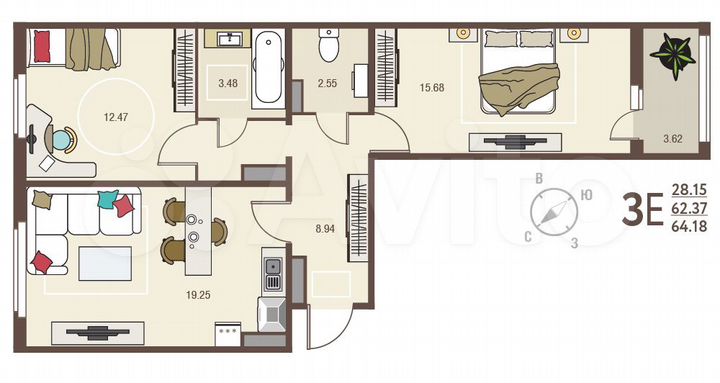 2-к. квартира, 64,2 м², 8/18 эт.