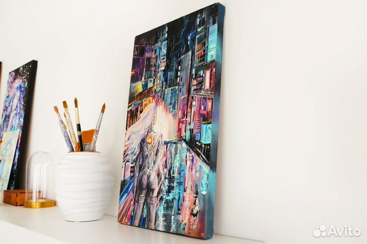 Картина маслом на холсте ночной город киберпанк
