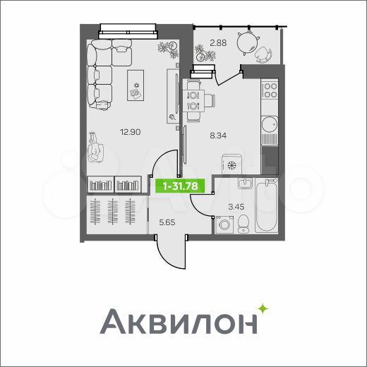 1-к. квартира, 31,8 м², 2/8 эт.