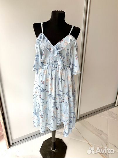 Голубое летнее платье миди 42-44 с оборками