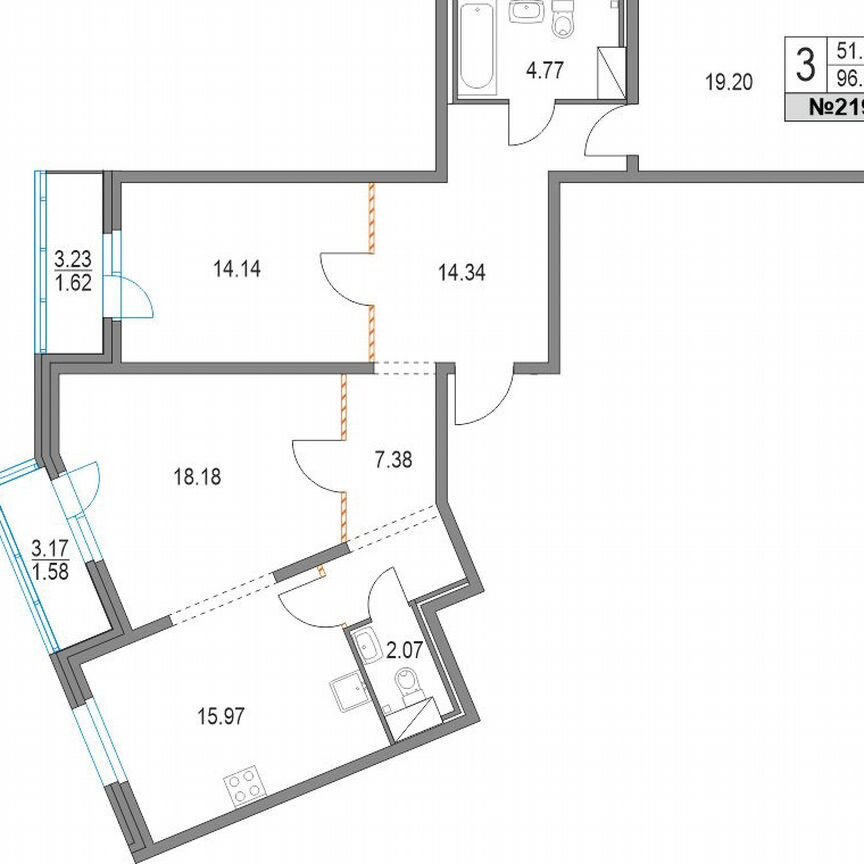 3-к. квартира, 96 м², 4/21 эт.