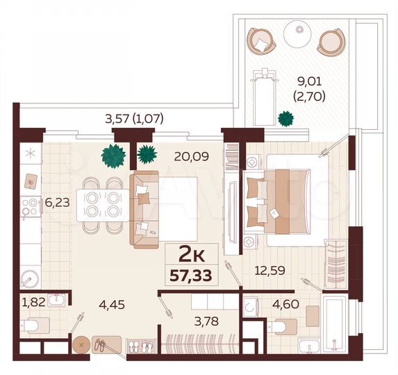 2-к. квартира, 57,3 м², 8/9 эт.