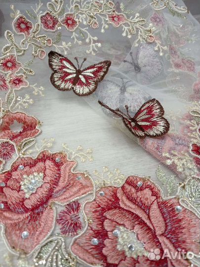 Тюль сетка итальянская с 3D бабочками и вышивкой