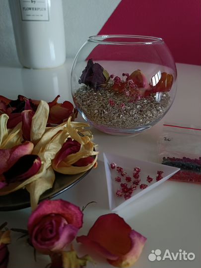 Сухоцветы, стеклянная крошка для смолы мыла свечей