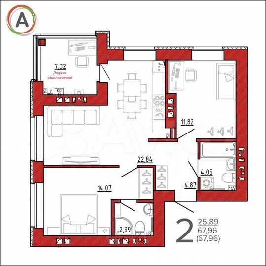 2-к. квартира, 68 м², 2/9 эт.