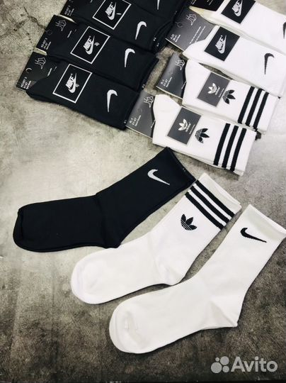 Носки высокие белые/черные; nike/adidas хлопок