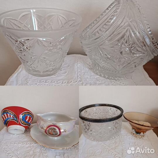 Большой хрустальный салатник с мельхиором