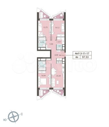 3-к. квартира, 97,9 м², 11/21 эт.