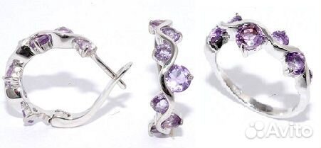 Серебряные серьги конго с аметистами, кольцо (17р)