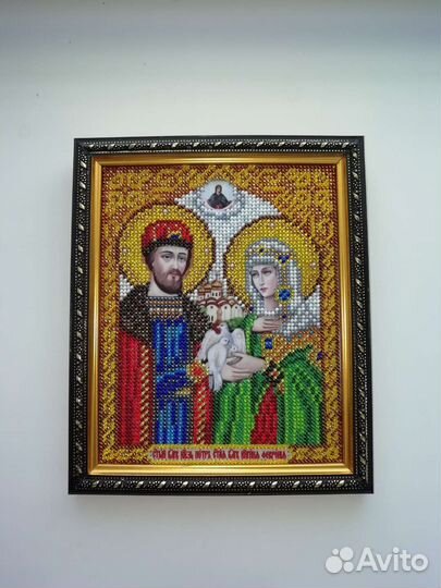 Икона Петра и Февронии вышитая бисером