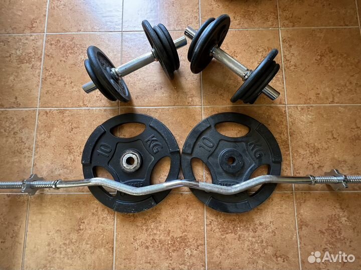 Гантели разборные и кривой гриф с блинами