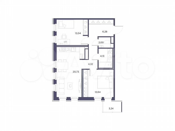 2-к. квартира, 62,1 м², 4/10 эт.