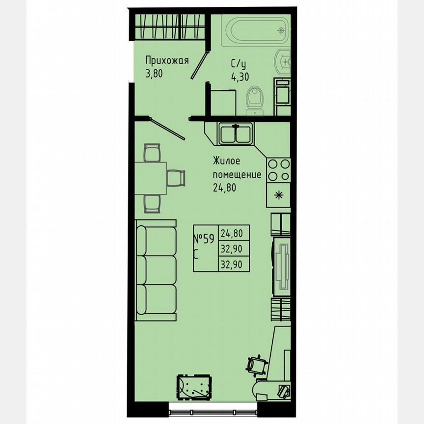 Квартира-студия, 32,9 м², 1/8 эт.