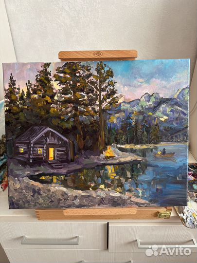 Картина маслом на холсте пейзаж горы лес домик