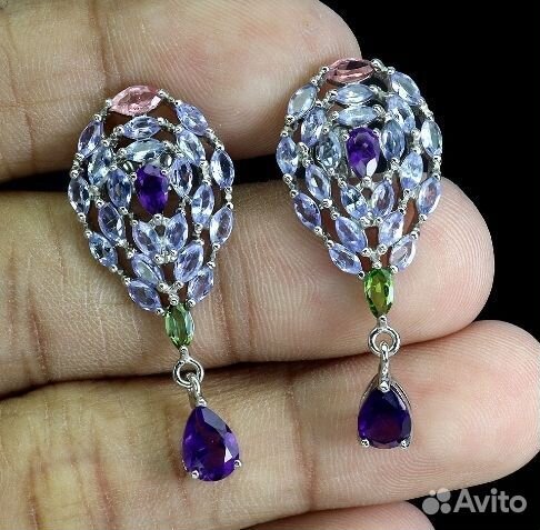 Серебряные серьги аметист, танзанит,турмалин